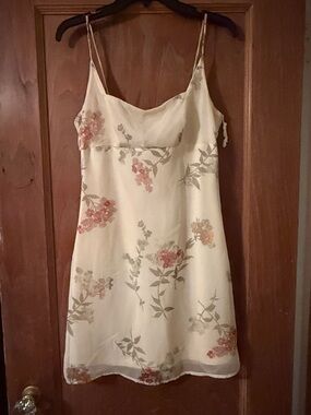 Cream Floral mini Dress with Pink & Green Accents